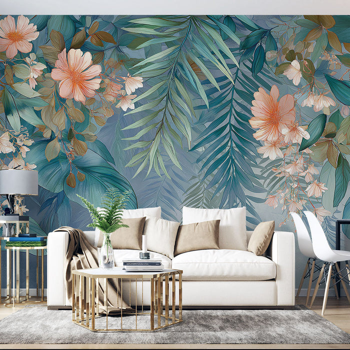 Carta da parati murale floreale tropicale | Fiori pastello e vegetazione lussureggiante