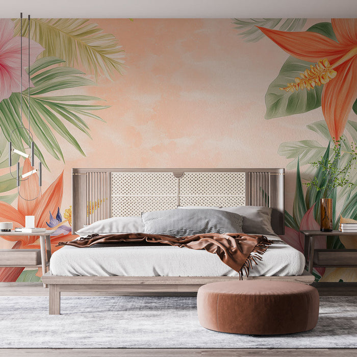 Тапет с тропически цветя | Живописни цветя и плътно растително покритие върху мек фон