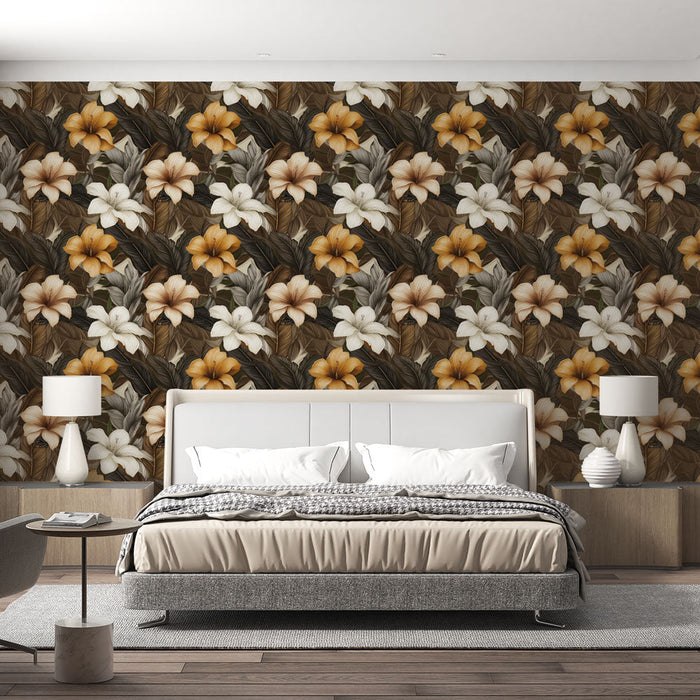 Papel de parede mural floral tropical | Motivo de flores em tons quentes e folhas luxuriantes