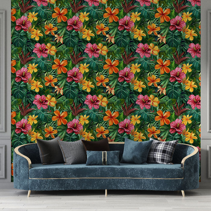 Fototapeet lopsakas troopiline | Luksuslik motiiv värviliste lilledega ja rohke lehestikuga