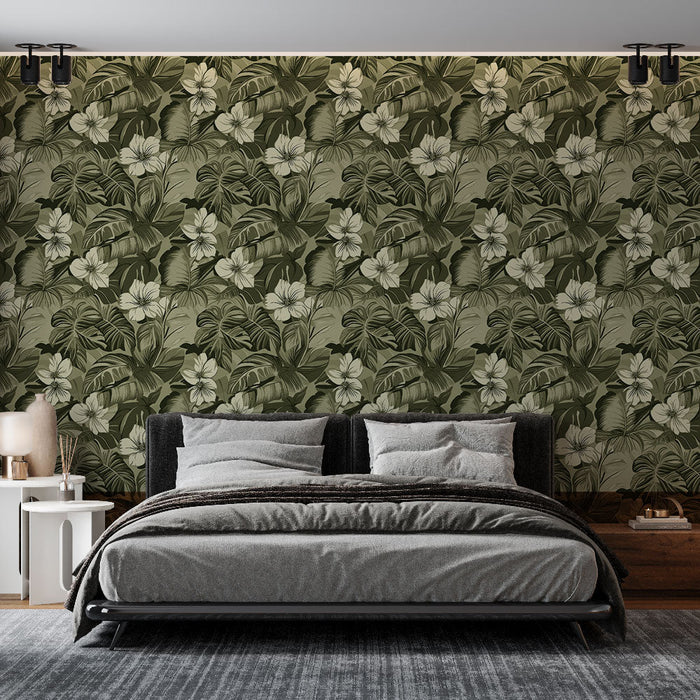 Fototapet tropisk blomst | Frodig mønster av hvite blader og blomster