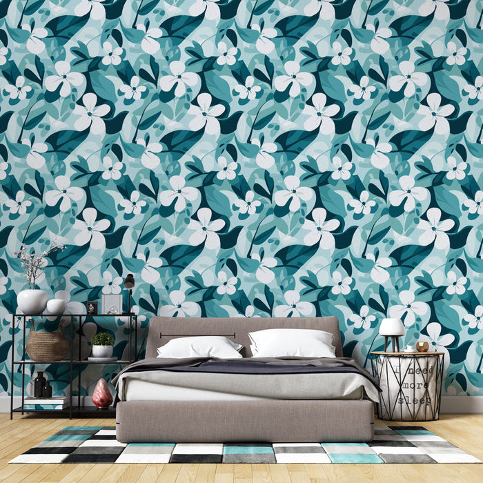Tapete floral türkis | Elegantes Blumenmotiv in Blau- und Weißtönen