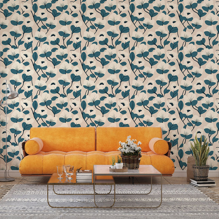 Tapet mural floral | Un model delicat de flori și frunze pe un fundal bej