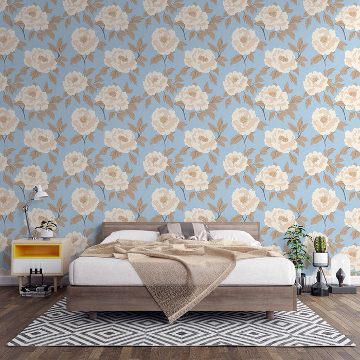 Floral Mural Wallpaper | Ένα κομψό σχέδιο από κρεμ ρόδα σε έναν καταπραϋντικό μπλε φόντο