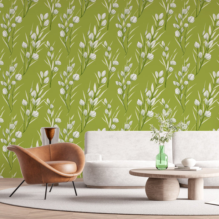 Tapete floral verde | Patrones de hojas y flores blancas sobre fondo verde