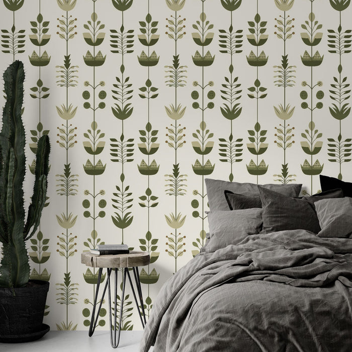 Mural Wallpaper floral green | Flower and foliage patterns on a light background