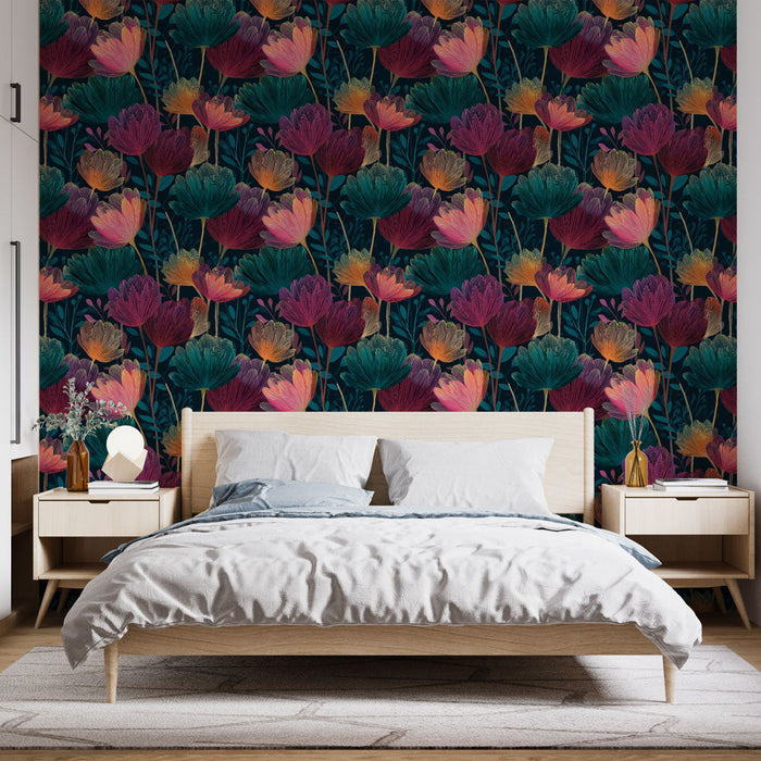 Çiçekli Duvar Kağıdı | Koyu bir arka plan üzerinde renkli çiçek ve yaprak desenleri