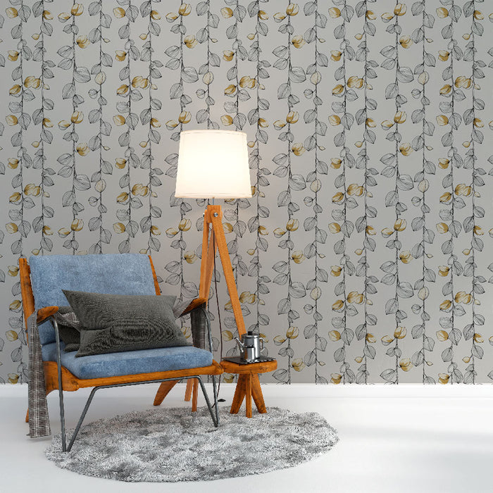 Carta da parati murale floreale | Viti grigie con tocchi dorati su sfondo chiaro