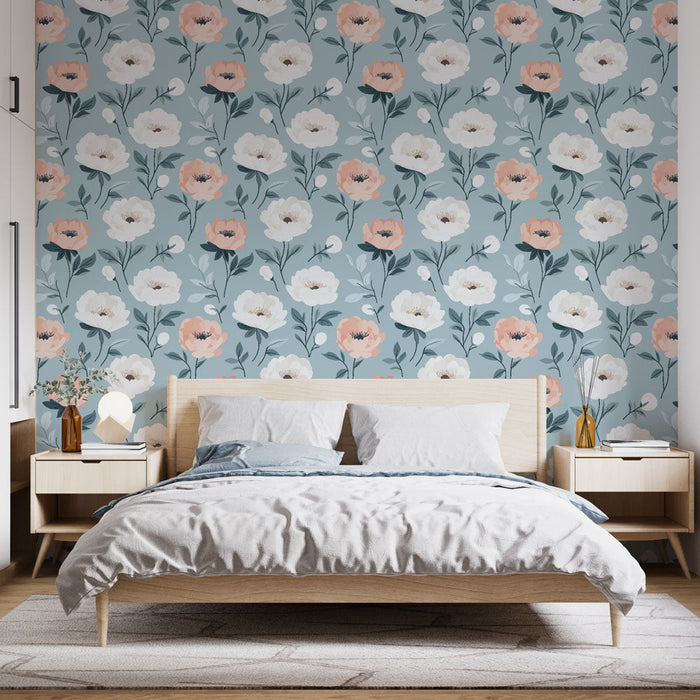 Παλιότερο ταπετσαρία με λουλούδια | Ροζ και λευκά λουλούδια σε μαλακό μπλε φόντο