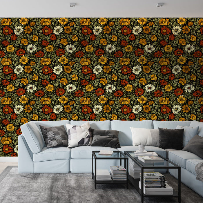 Ταπετσαρία τοιχογραφίας λουλουδιών vintage | Πολύχρωμο μοτίβο λουλουδιών σε σκούρο φόντο