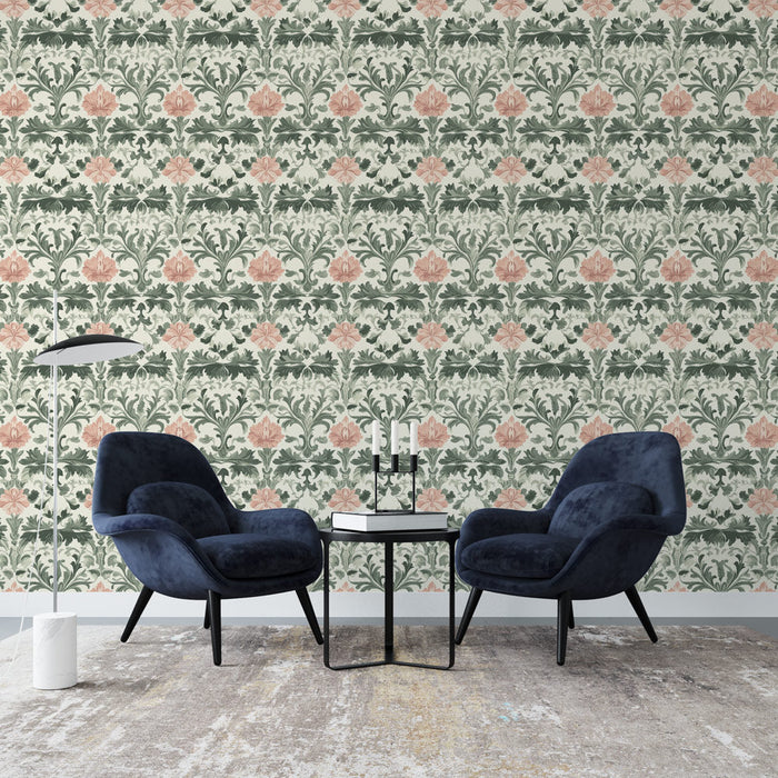 Papel pintado floral vintage | Σχέδιο λουλουδιών και φύλλων σε απαλές αποχρώσεις