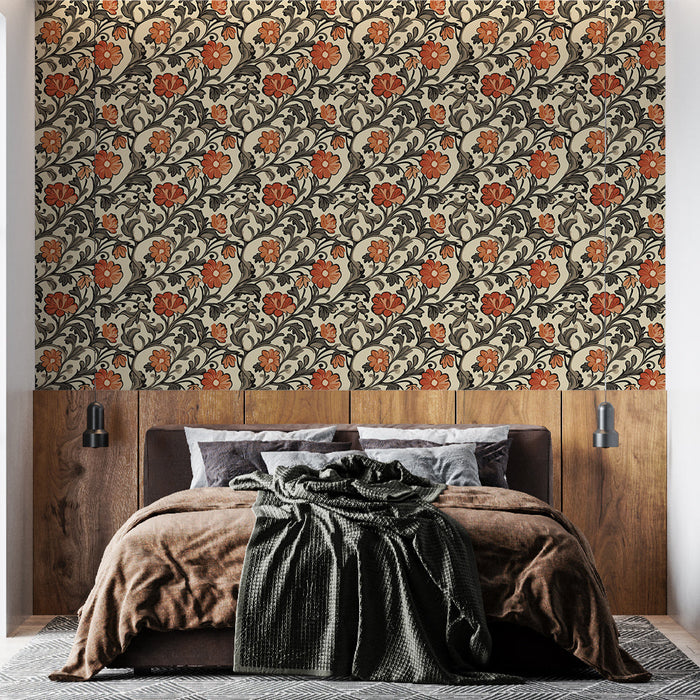 Tapete τοιχογραφίας floral vintage | Κόκκινο μοτίβο λουλουδιών σε λεπτό κρεμ ανάγλυφο φόντο