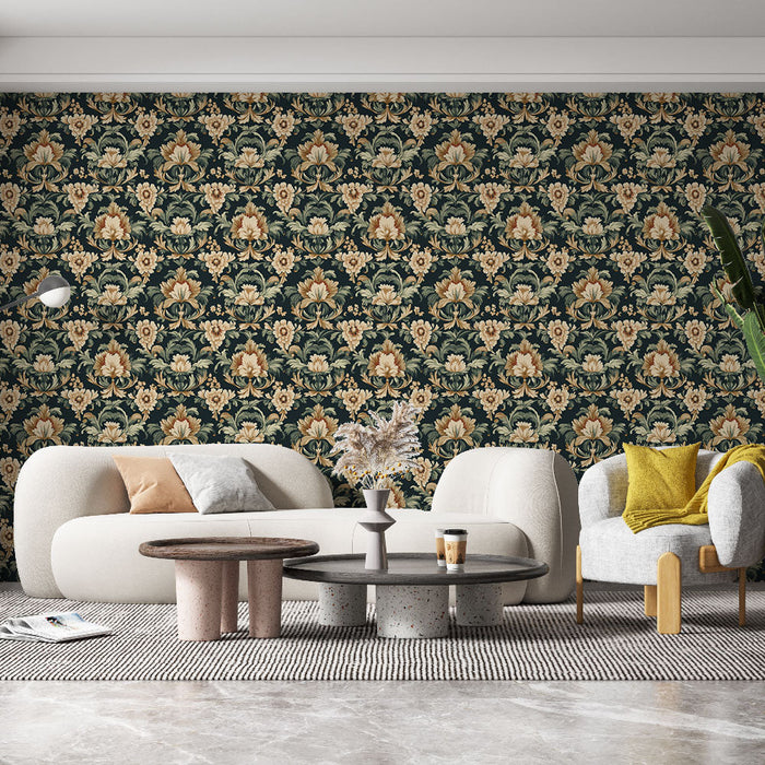 Papel pintado floral vintage | Motivo de flores rico en un fondo oscuro