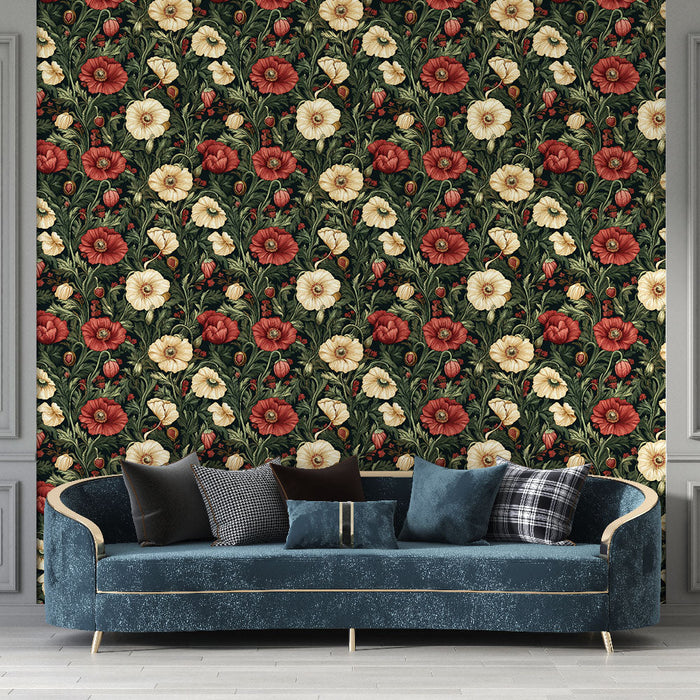 Тапет с цветнице винтидж | Червени и кремави цветни модели върху тъмен фон