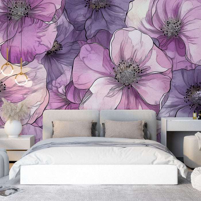 Mural Wallpaper floral violet | Sparkle of watercolor pink and lilac flowers