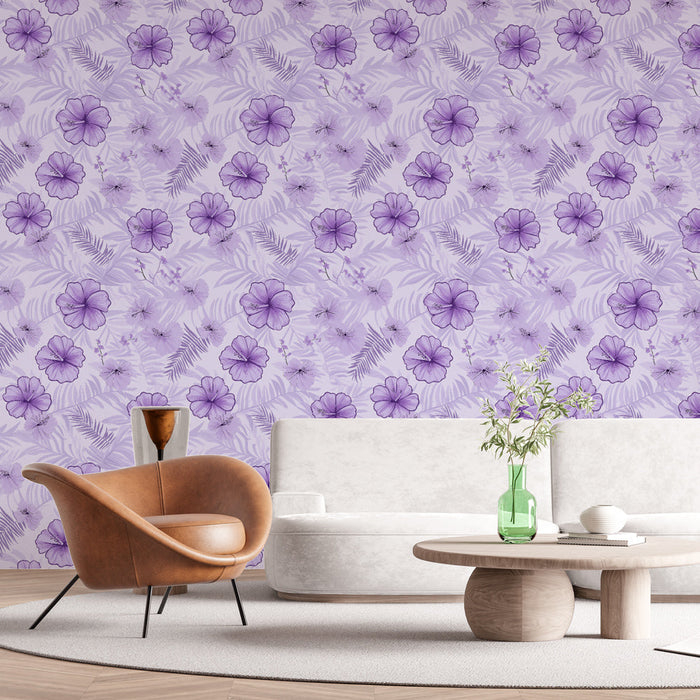 Papel pintado floral violeta | Motivos de flores y hojas delicadas