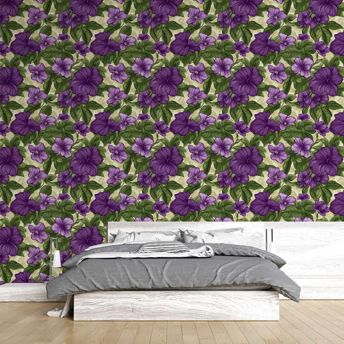 Papel pintado floral violeta | Patrones florales modernos con tonos de violeta y hojas verdes.