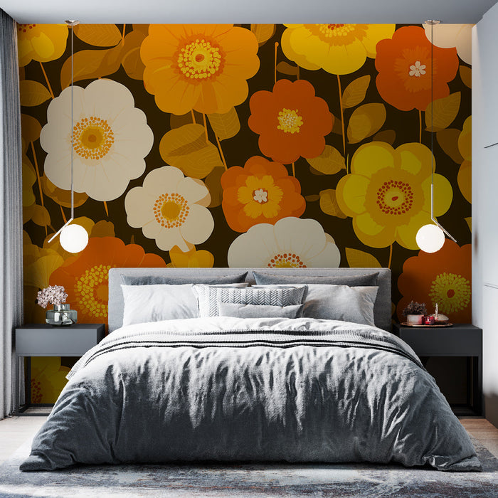 Papel de parede floral amarelo e laranja | Padrão de flores brilhantes em fundo escuro