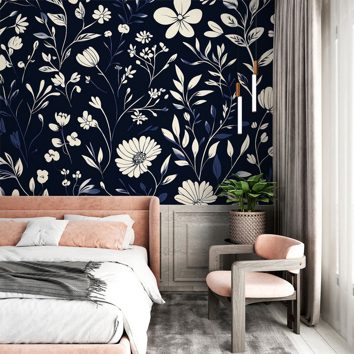 Blå Floral Mural Wallpaper | Hvite elementer på midnattsblå bakgrunn