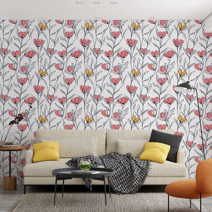 Blomstret fototapet | Pink og gul blomstermønster på hvid baggrund