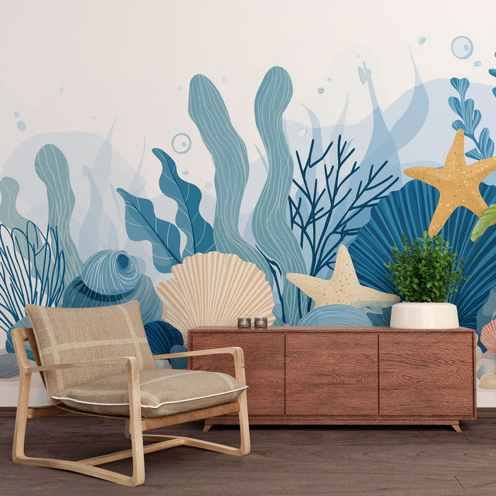 Papel de parede subaquático | Padrão de conchas e estrelas do mar em tons de azul e areia