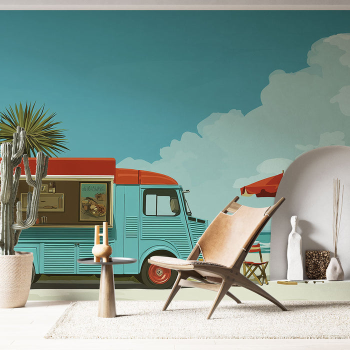Carta da parati Food Truck spiaggia | Un grazioso food truck dal look retrò vicino al mare