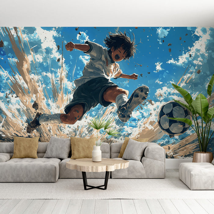 Mural Wallpaper football | Child playing soccer in a dynamic setting