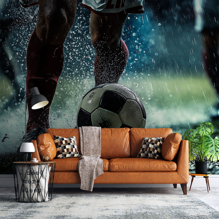 Foto Behang voetbal in de regen | Dynamische actie op modderig veld