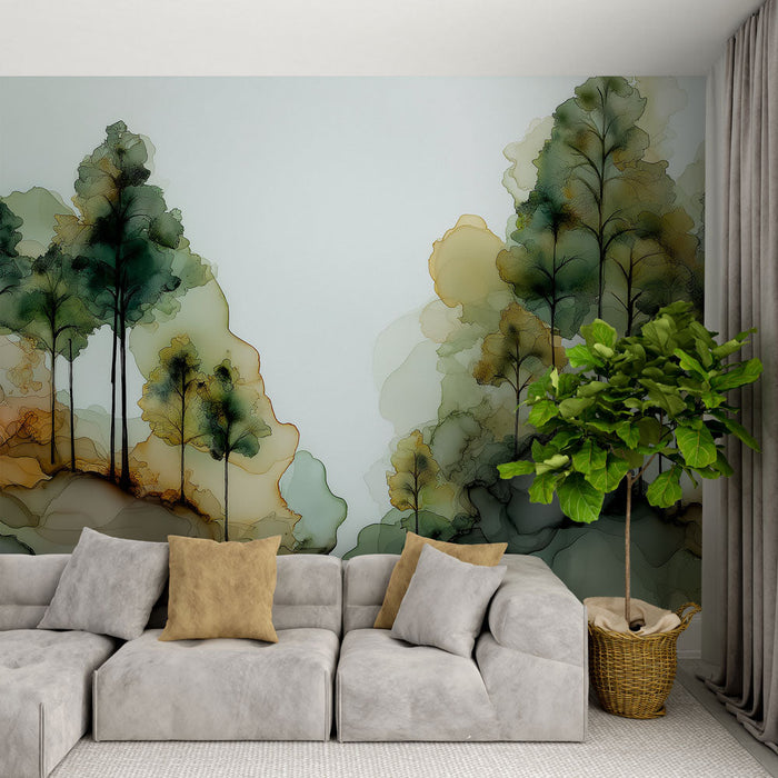 Tapete abstrakter Wald | Kiefernsilhouetten in erdigem Farbverlauf