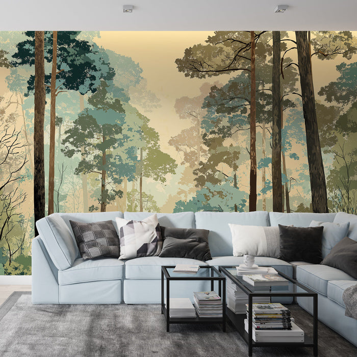 Tapet de pădure liniștitoare | Copaci stilizați în nuanțe moi de verde și albastru