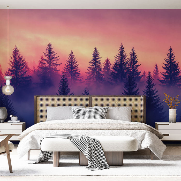 Fototapet skog ved solnedgang | Majestetiske trær innhyllet i tåke og pastellfarger