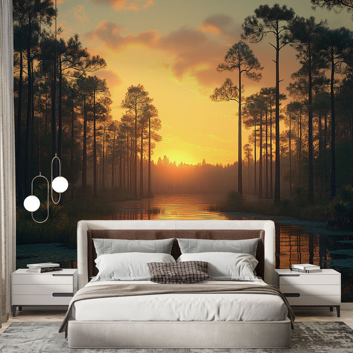 Tapete δάσος στο ηλιοβασίλεμα | Καταπραϋντικό φυσικό τοπίο με χρυσές αντανακλάσεις στο νερό