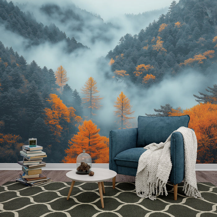 Fototapet høstskog | Oransje trær som dukker opp fra en lett tåke