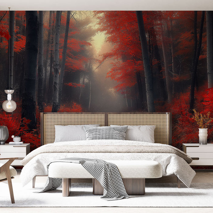 Tapetti syksyinen metsä | Mutkitteleva polku hehkuvien puiden keskellä