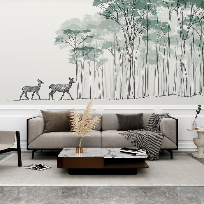 Fototapet skog med hjort | Delikat tegning av hjort i et beroligende skoglandskap