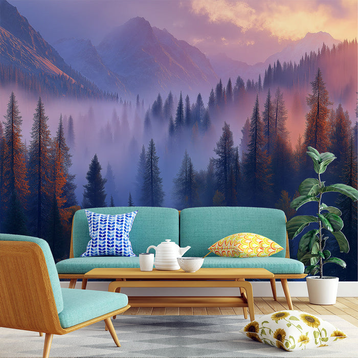 Tapetti sumuinen metsä | Vuoristoilmapiiri hämärässä majesteettisten kuusien kanssa