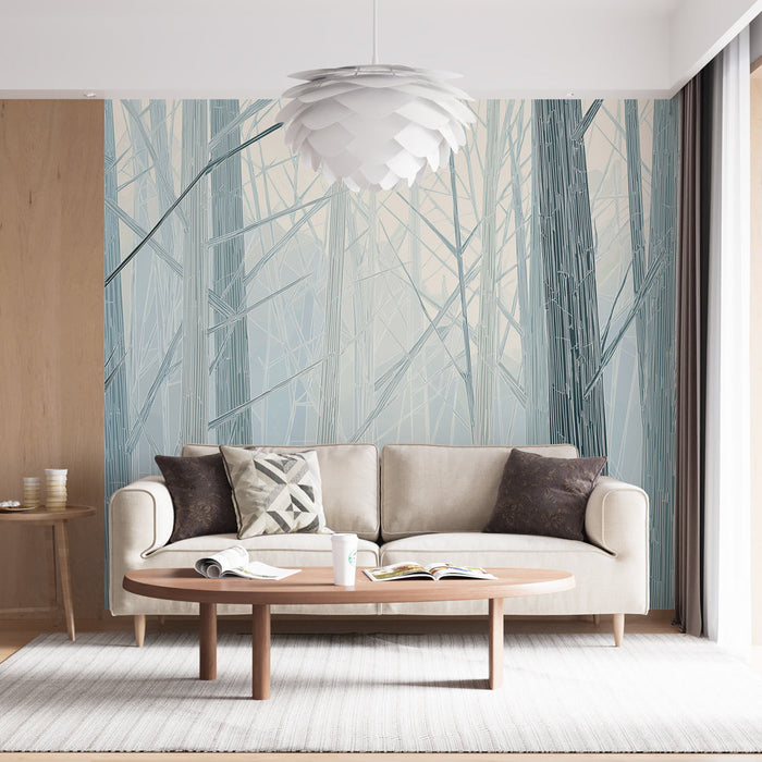 Tapeta lesní mlha | Stromy v šedých a modrých odstínech v éterické atmosféře