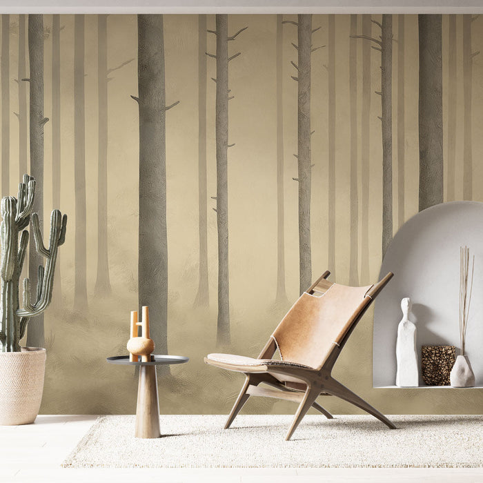 Tåkeskog Fototapet | Høye trær i en myk og beroligende atmosfære