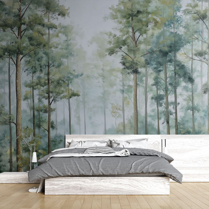 Tapeta mlhavý les | Vysoké stromy obklopené éterickou atmosférou
