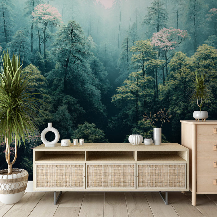 Tapeta pro mlhavý les | Luxusní stromy a růžové květinové motivy