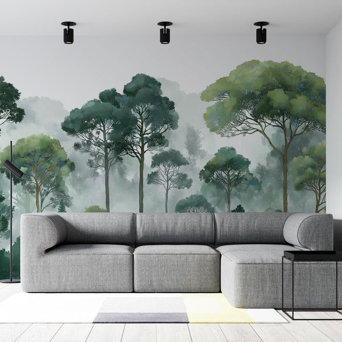 Misty Forest Mural Wallpaper | Величествени дървета в оттенъци на зелено и синьо