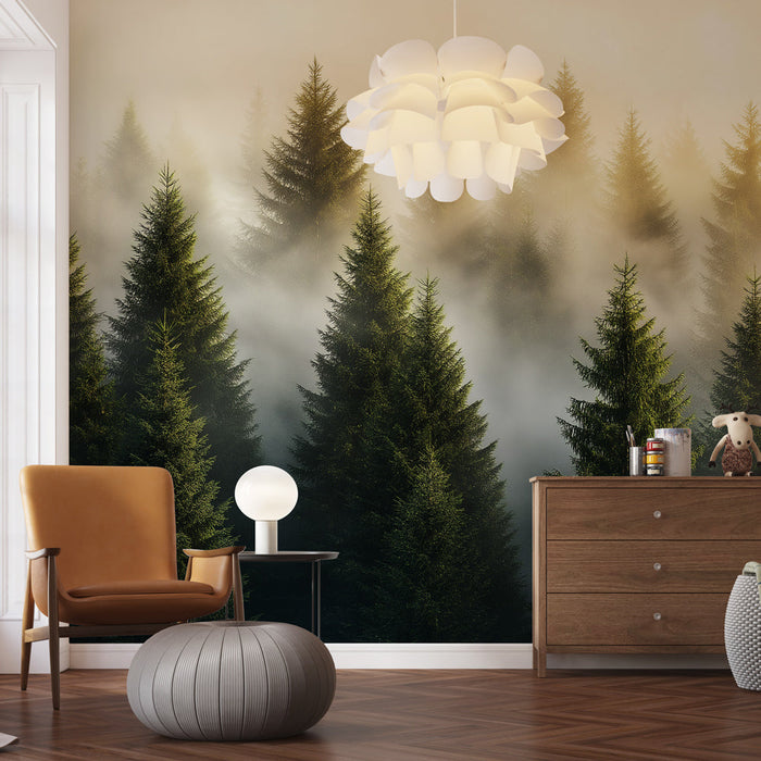 Papel de parede floresta-nevoenta | Árvores majestosas em uma atmosfera nebulosa e relaxante