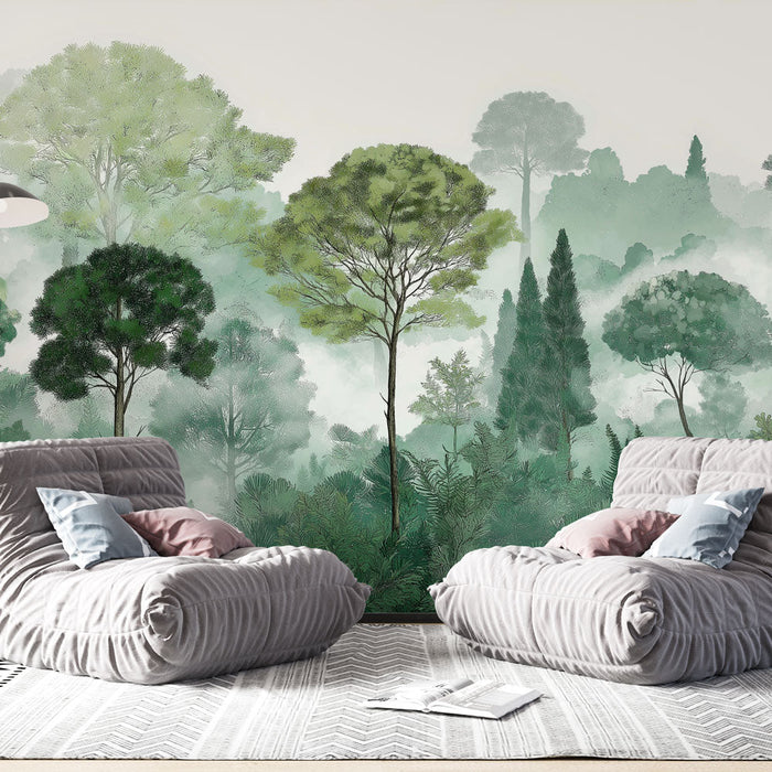 Mlžný les Tapeta | Vznešené stromy obklopené mlhou a bujnou zelení