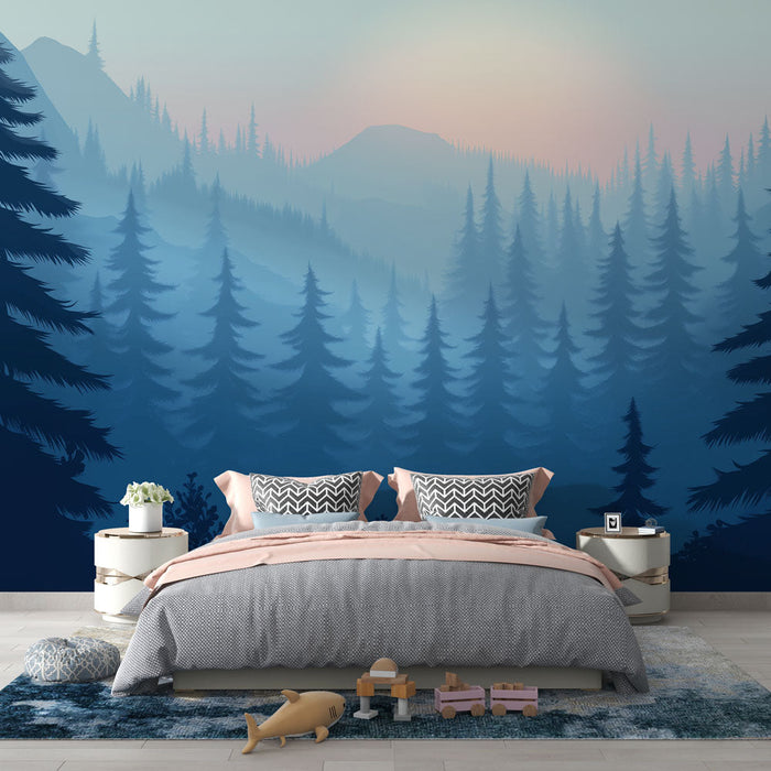 Tapeta misty forest | Majestatyczne drzewa wtapiające się w spokojną atmosferę