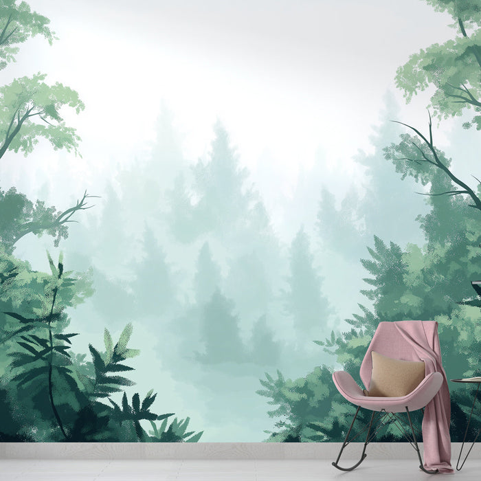 Tapete nebliger Wald | Üppige Bäume und ruhige Atmosphäre
