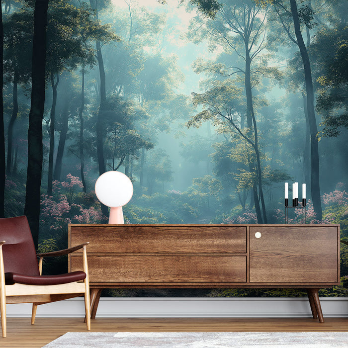 Tapeta leśna mglista | Ścieżka wijąca się przez magiczny las z różowymi kwiatami