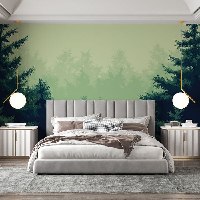 Foto Behang mistig bos | Rustgevend dennenontwerp in een etherische sfeer