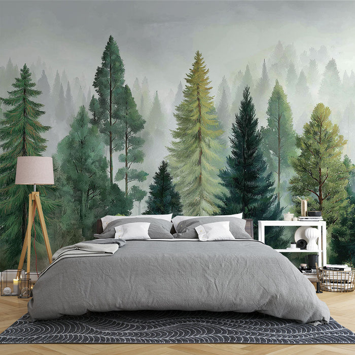 Misty Forest Fototapet | Pine and Leaf Elements in a Soothing Atmosphere