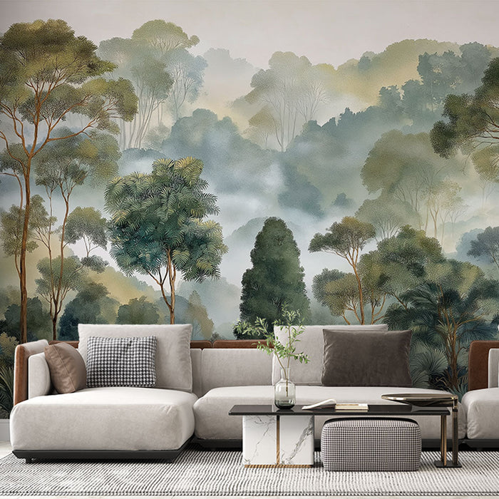Мъгливо горско тапети | Успокояващ модел на природата с плътни дървета и растителност
