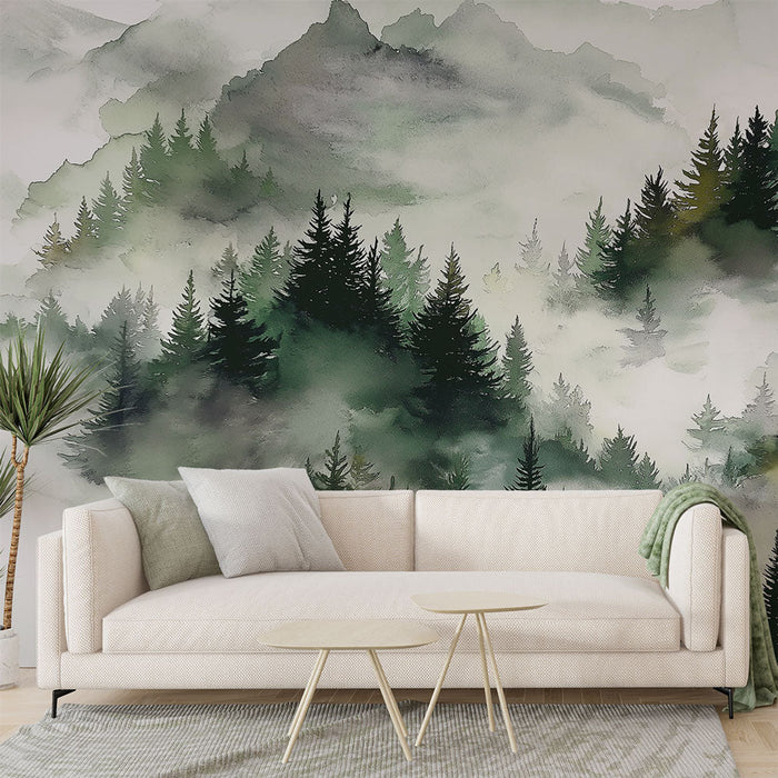 Tapete мъгливата гора | Акварелен пейзаж на иглолистни дървета в мистична атмосфера